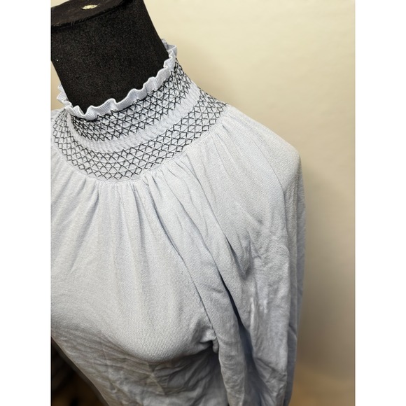 Zara Light Blue High Neck Balloon Sleeve Knit Top Womens Smocked Pullover size S - Picture 5 of 10